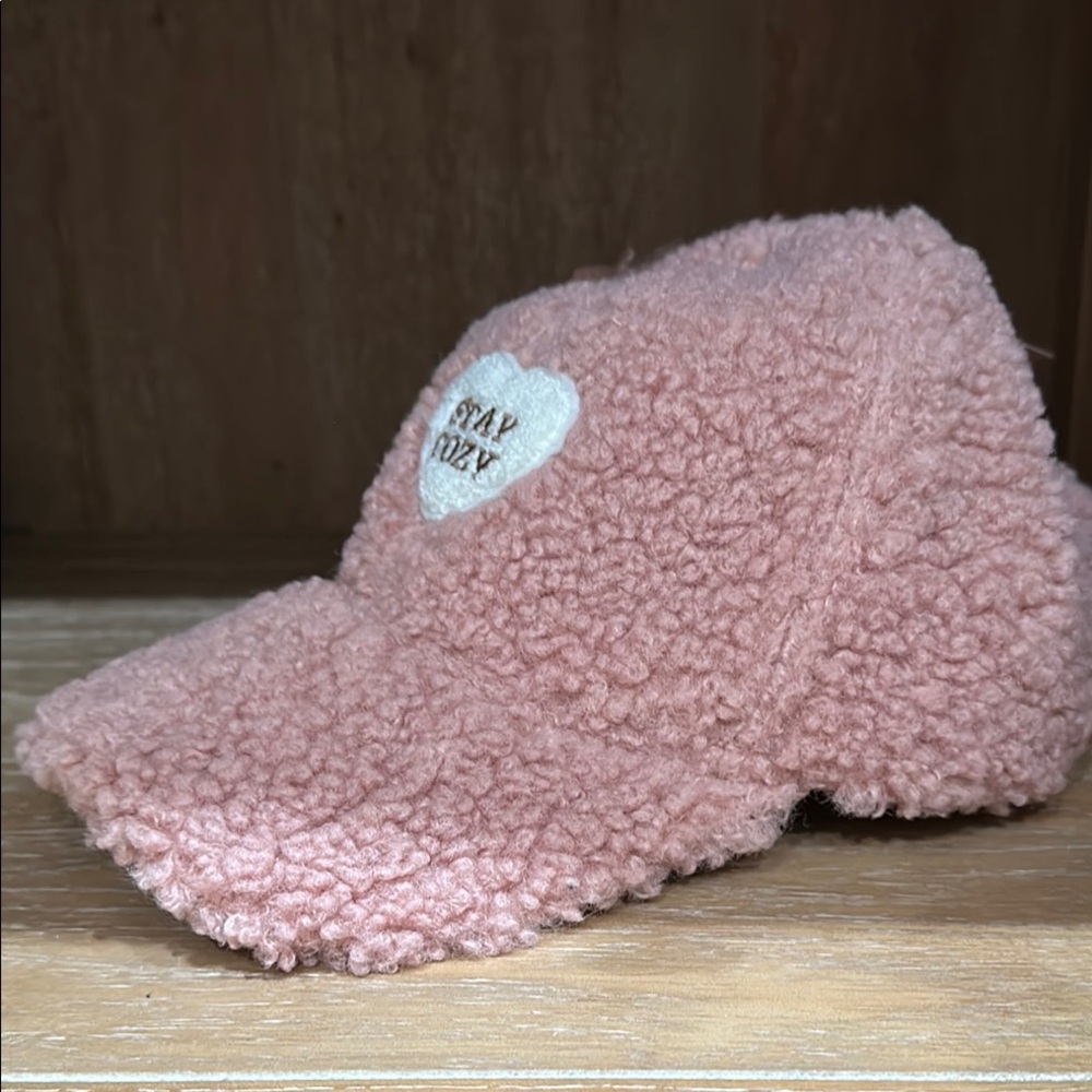 Pink and White Fuzzy Baseball Hat 
“Stay Cozy” - Picture 5 of 10